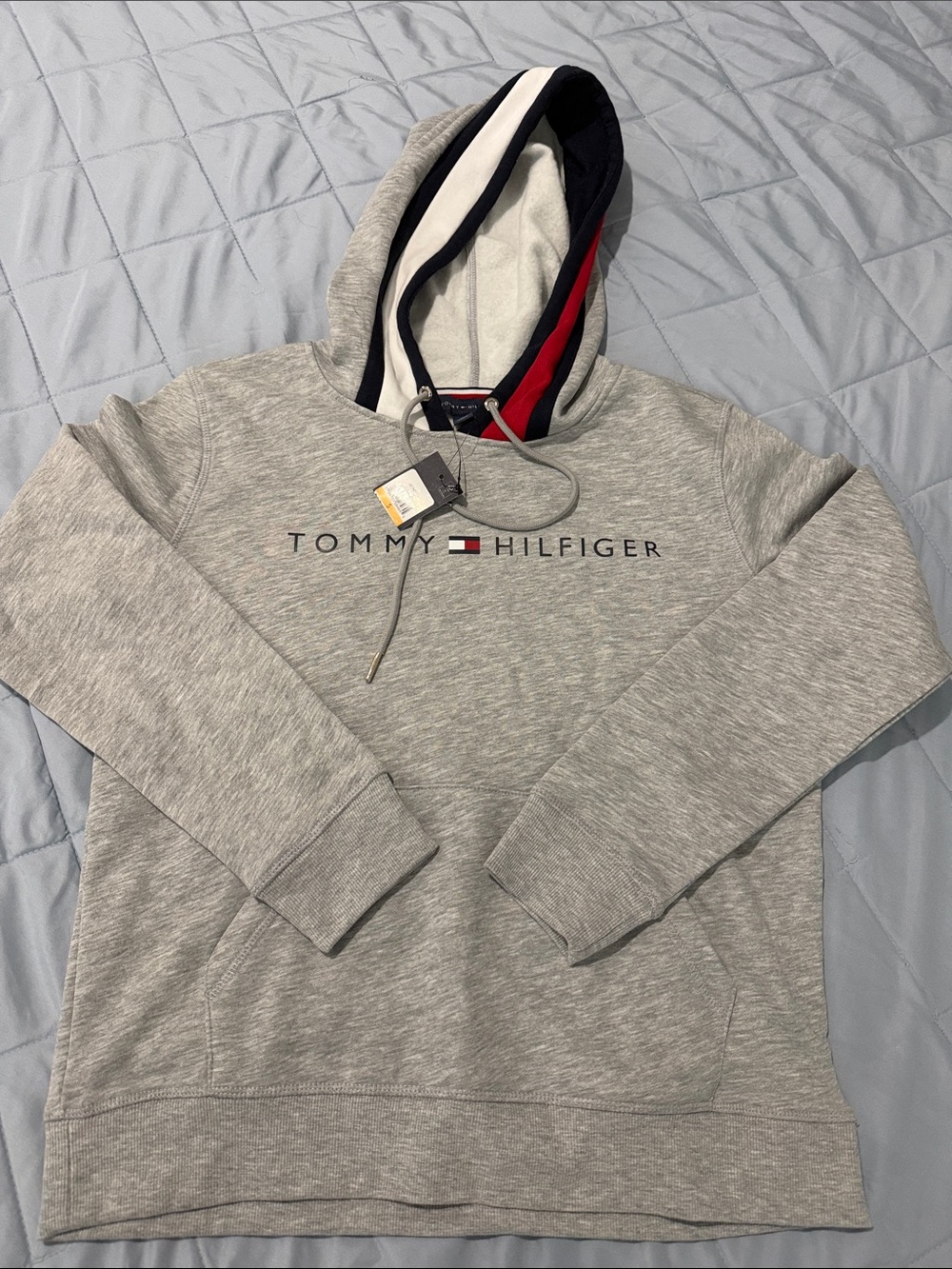 Tommy Hilfiger Gray Hoodie with Signature Logo and Tricolor Hood Trim - UNISEX S